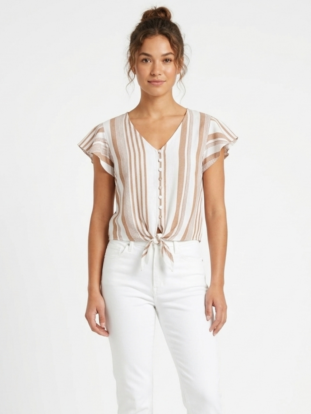 Sim & Sam Large Tan White Vertical Stripe Tie Front Rayon Top Flutter Sleeve